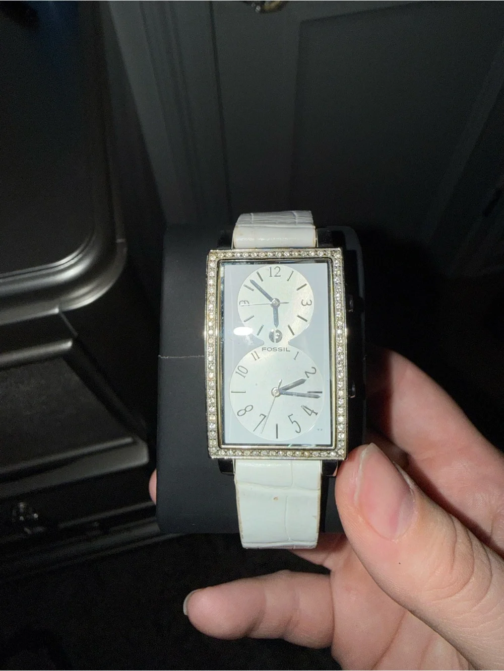 Fossil Vintage White Dual-Time Crystal Bezel Rectangular Watch